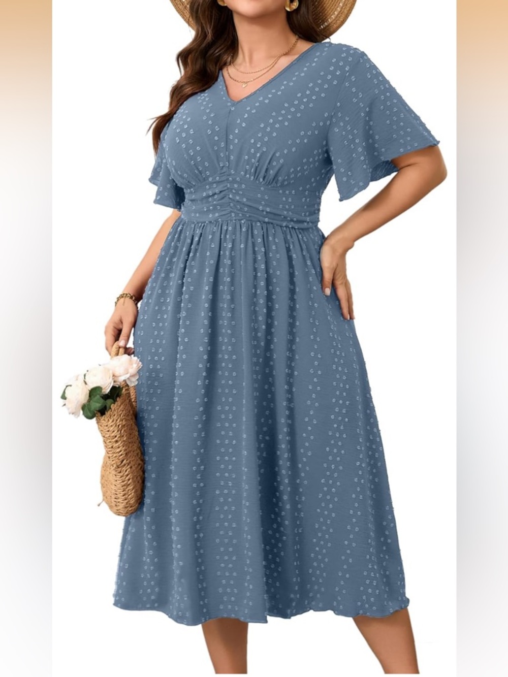 NWT 3XL-Maxi Dress V Neck Swiss Dot A Line High Waist Boho Swing  Dresses